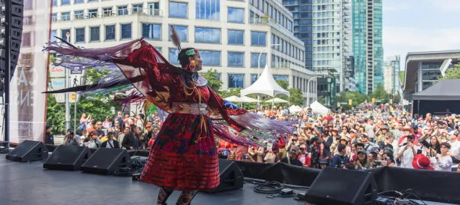 First Nations dancer on stage